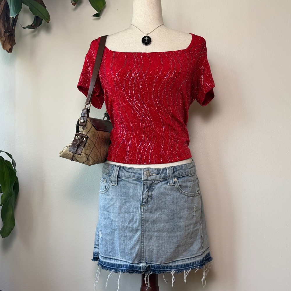 Ronni Nicole Evenings Red Glitter Square Neck Top Vintage Y2K Blouse Small
